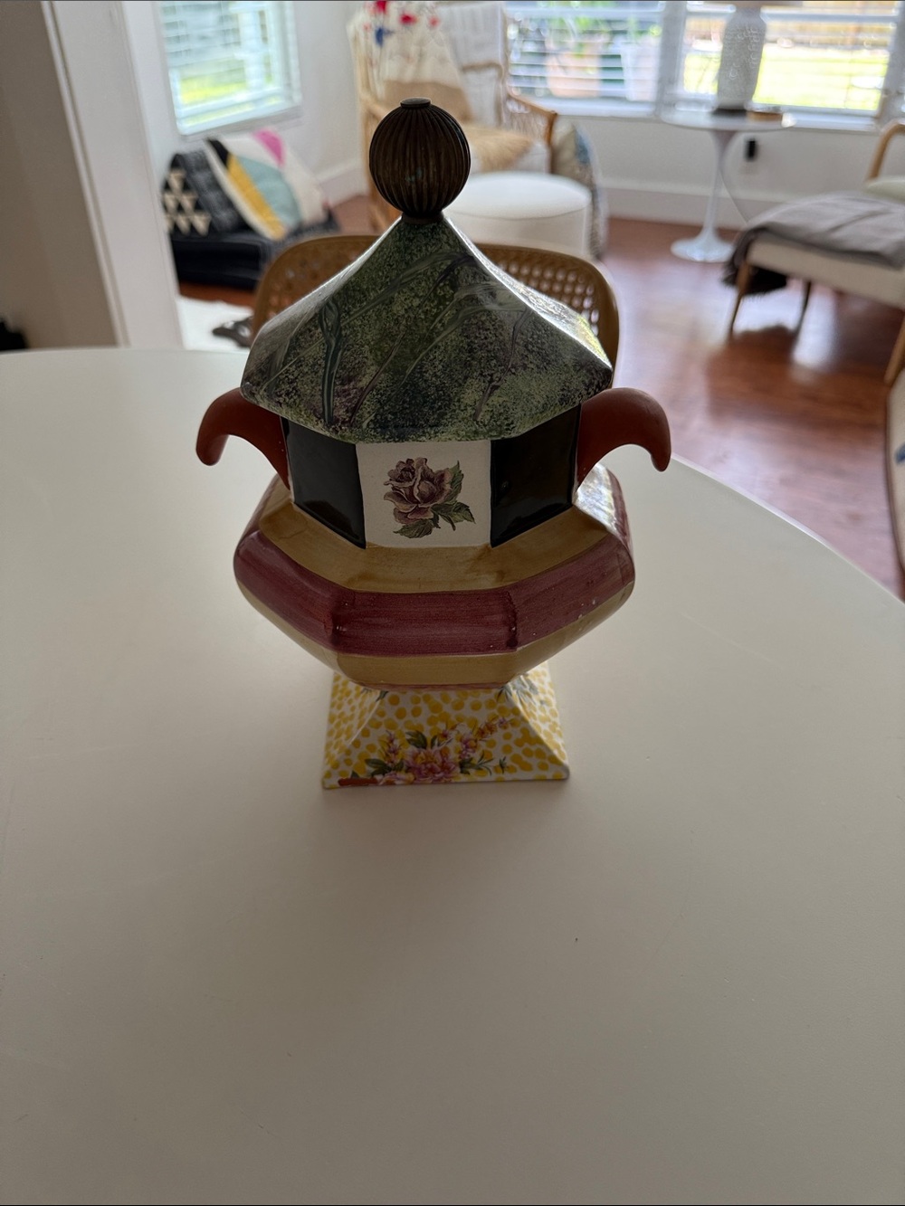 Hand-Painted Decorative Ceramic Pagoda in Green, Pink and Yellow